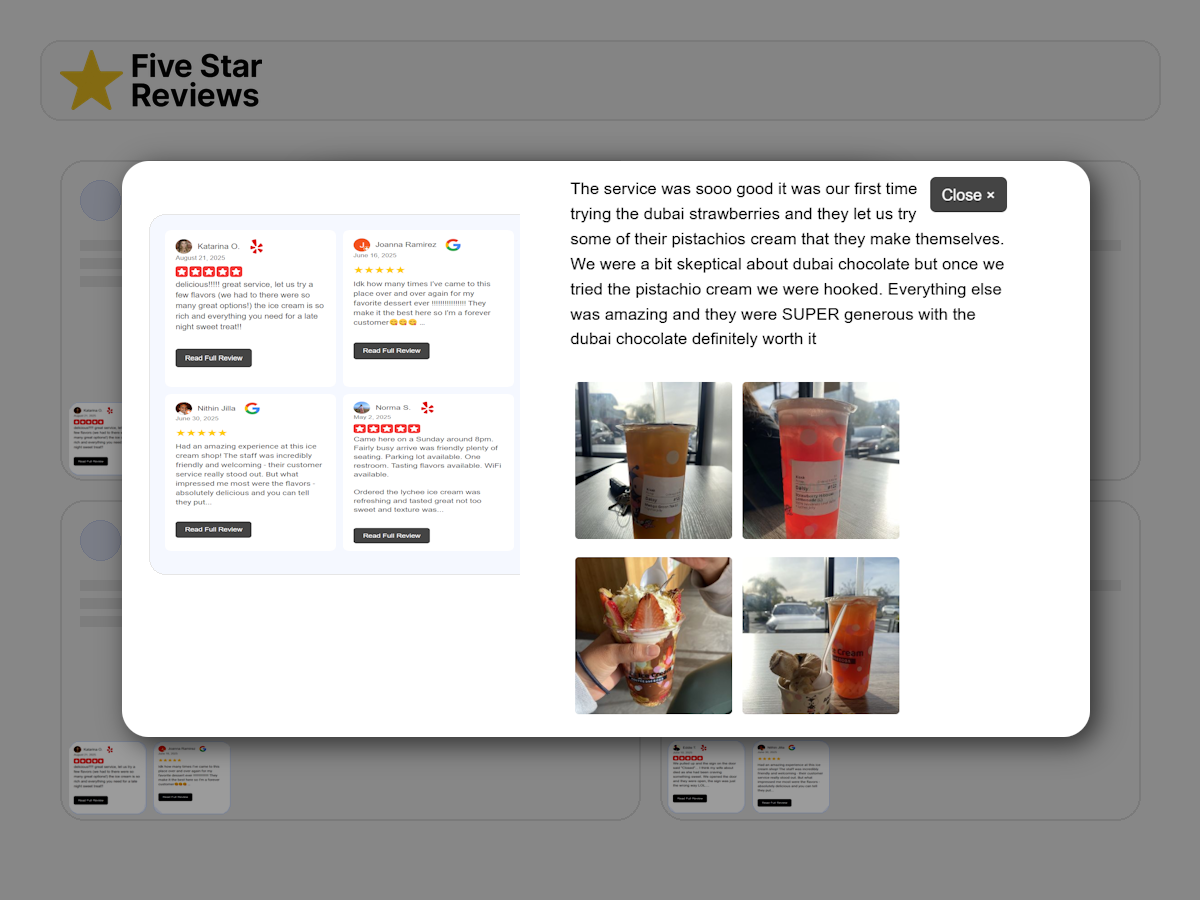 Five Star Reviews preview: review cards and photo modal