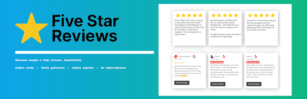 Five Star Reviews — clean review cards with photos and stars